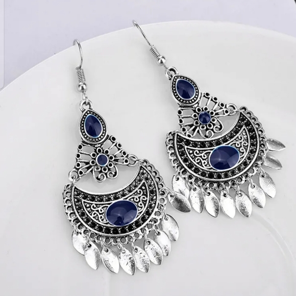 Jewelry - BOHEMIAN Silver Crescent Moon with Blue Crystal Earrings